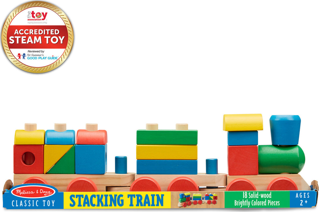 Stacking Train Toddler Toy with 15 colorful stacking pieces on pegged wooden train cars over 17 inches long