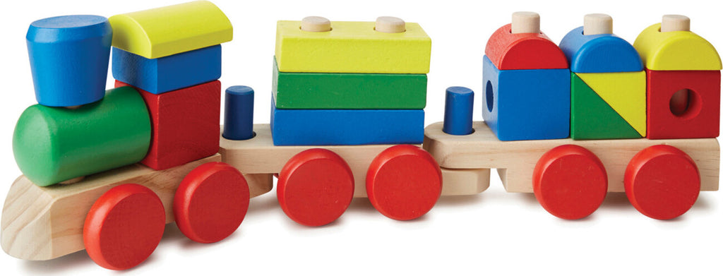 Stacking Train Toddler Toy with 15 colorful stacking pieces on pegged wooden train cars over 17 inches long