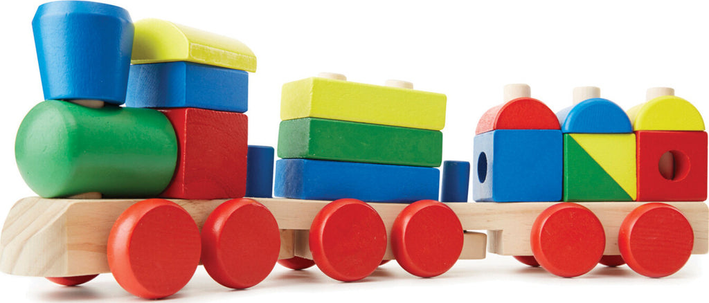 Stacking Train Toddler Toy with 15 colorful stacking pieces on pegged wooden train cars over 17 inches long