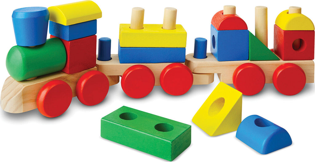 Stacking Train Toddler Toy with 15 colorful stacking pieces on pegged wooden train cars over 17 inches long