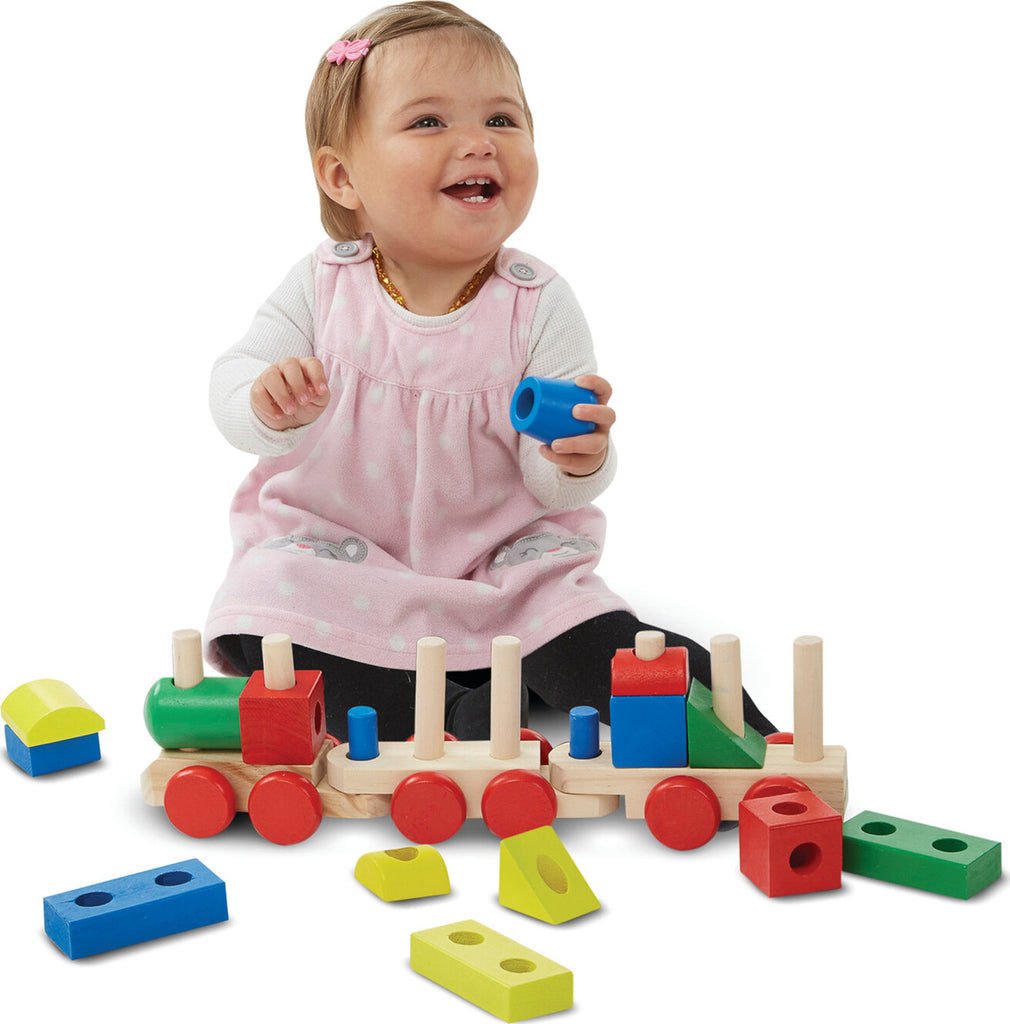 Stacking Train Toddler Toy with 15 colorful stacking pieces on pegged wooden train cars over 17 inches long