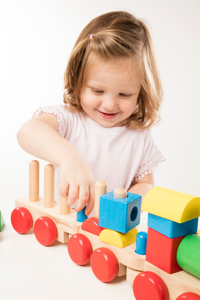Stacking Train Toddler Toy with 15 colorful stacking pieces on pegged wooden train cars over 17 inches long