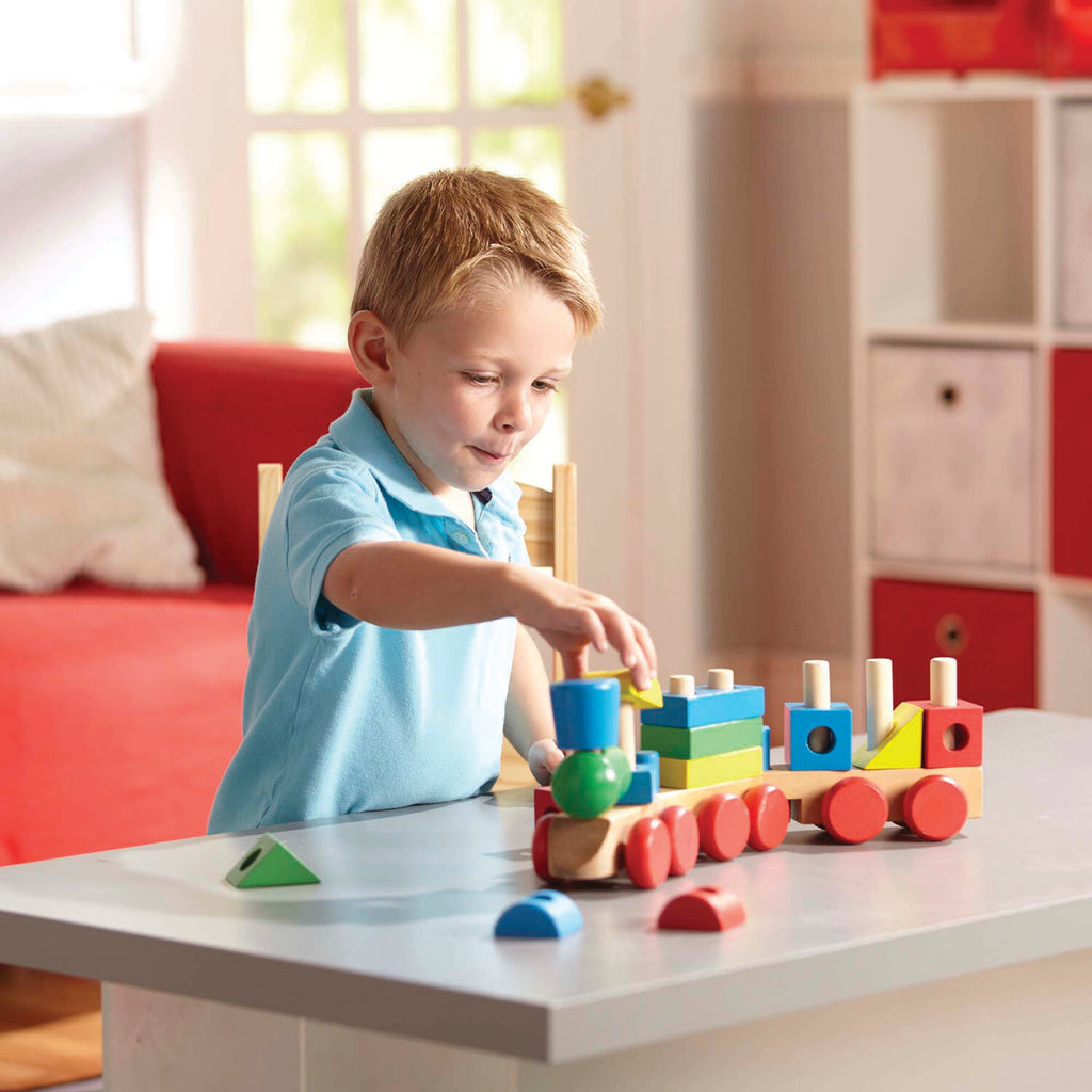Stacking Train Toddler Toy with 15 colorful stacking pieces on pegged wooden train cars over 17 inches long