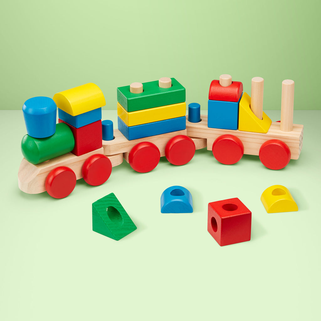 Stacking Train Toddler Toy with 15 colorful stacking pieces on pegged wooden train cars over 17 inches long