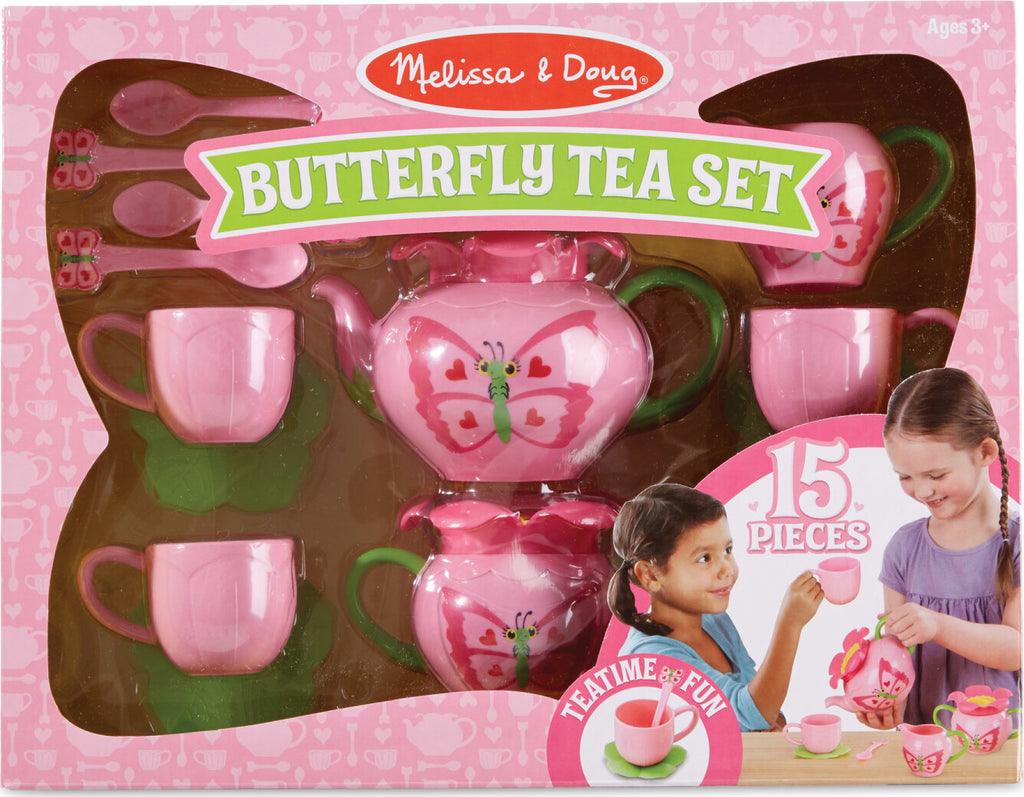 Bella Butterfly Pretend Play Tea Set with 17 pieces in rosy colors and charming butterfly decorations by Melissa & Doug