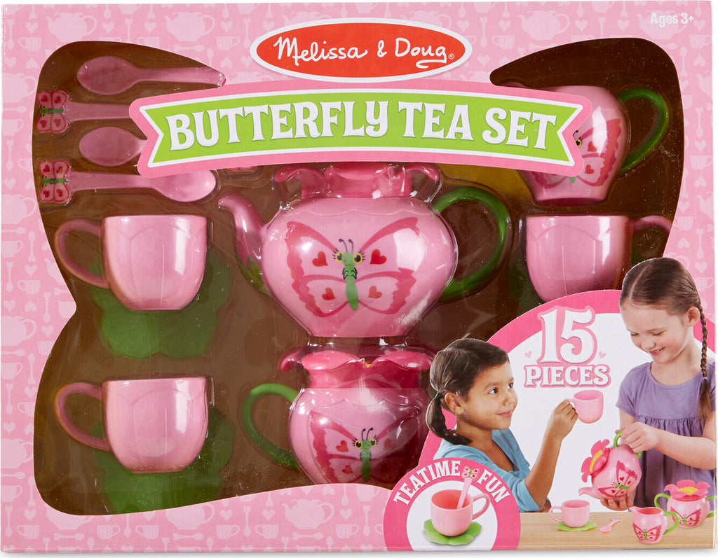 Bella Butterfly Pretend Play Tea Set with 17 pieces in rosy colors and charming butterfly decorations by Melissa & Doug