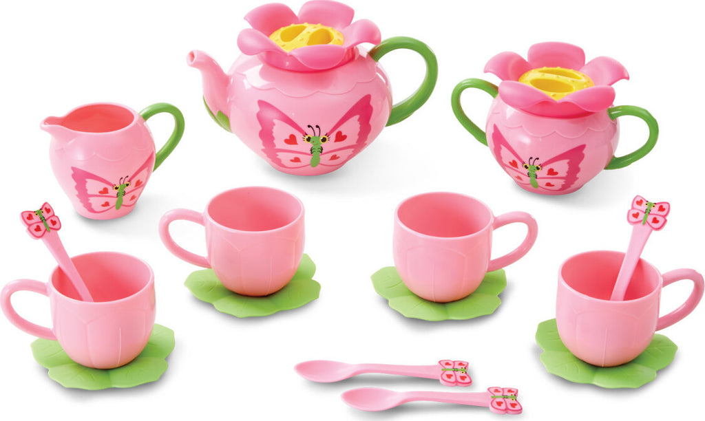 Bella Butterfly Pretend Play Tea Set with 17 pieces in rosy colors and charming butterfly decorations by Melissa & Doug