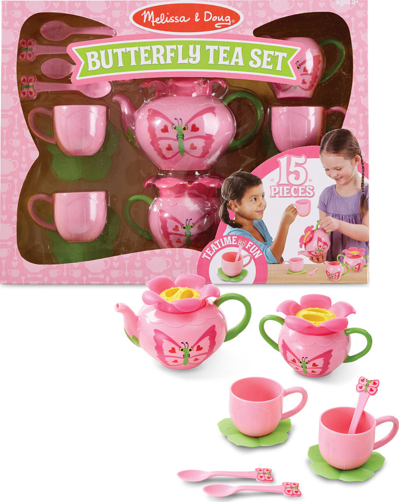 Bella Butterfly Pretend Play Tea Set with 17 pieces in rosy colors and charming butterfly decorations by Melissa & Doug