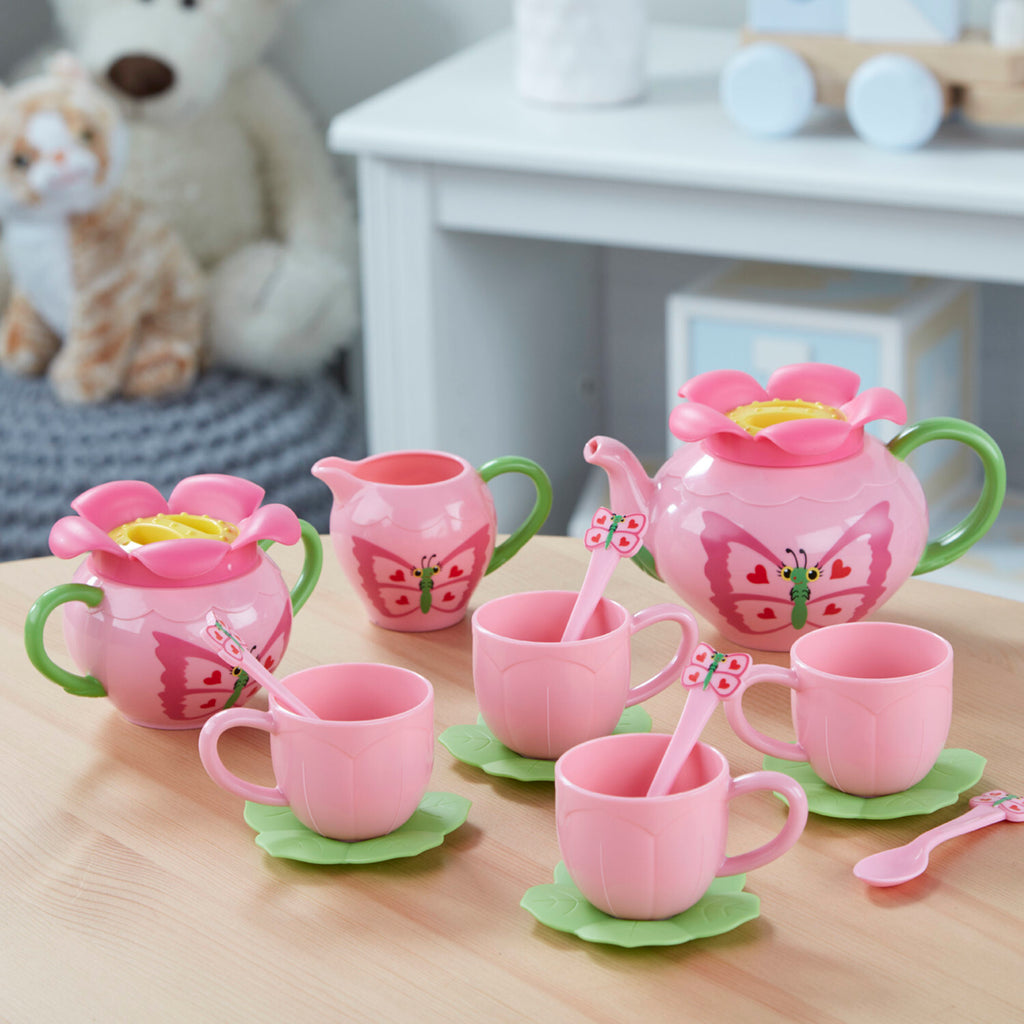 Bella Butterfly Pretend Play Tea Set with 17 pieces in rosy colors and charming butterfly decorations by Melissa & Doug