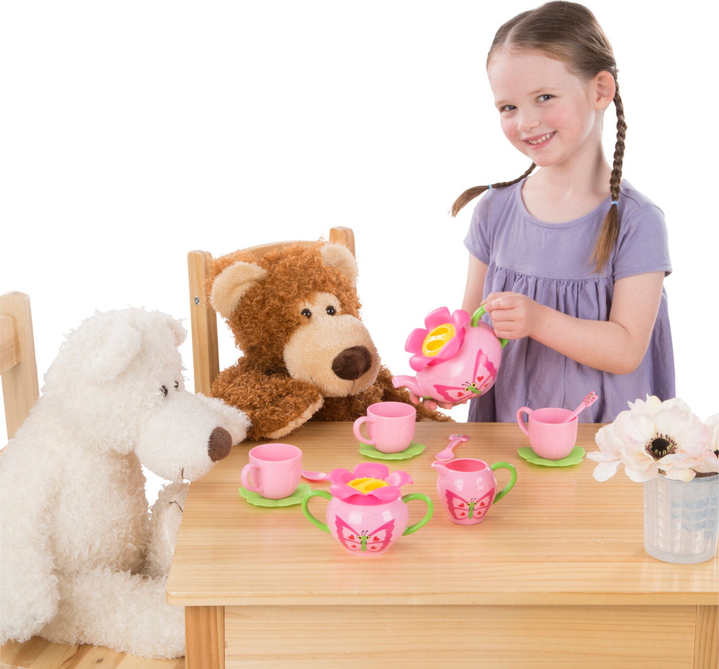 Bella Butterfly Pretend Play Tea Set with 17 pieces in rosy colors and charming butterfly decorations by Melissa & Doug