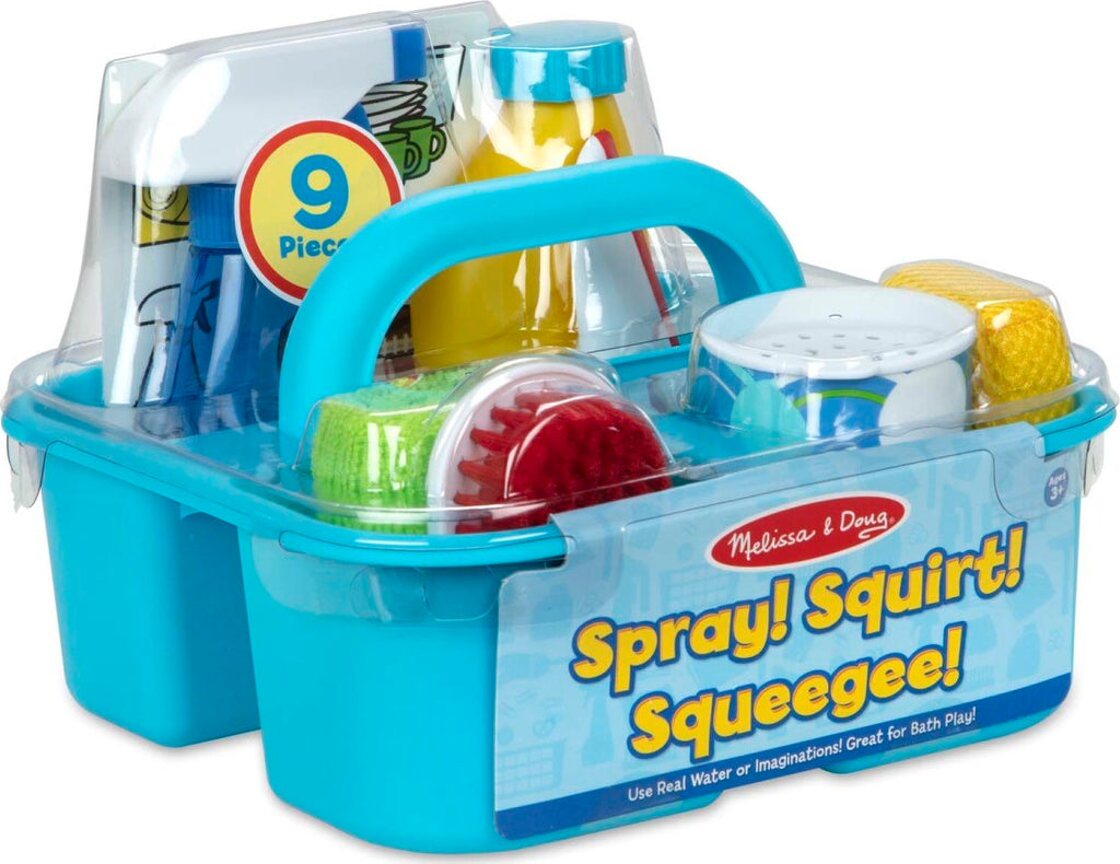 Let's Play House Spray, Squirt & Squeegee Play Set with 9 cleaning tools including spray bottles, squeegee and storage caddy