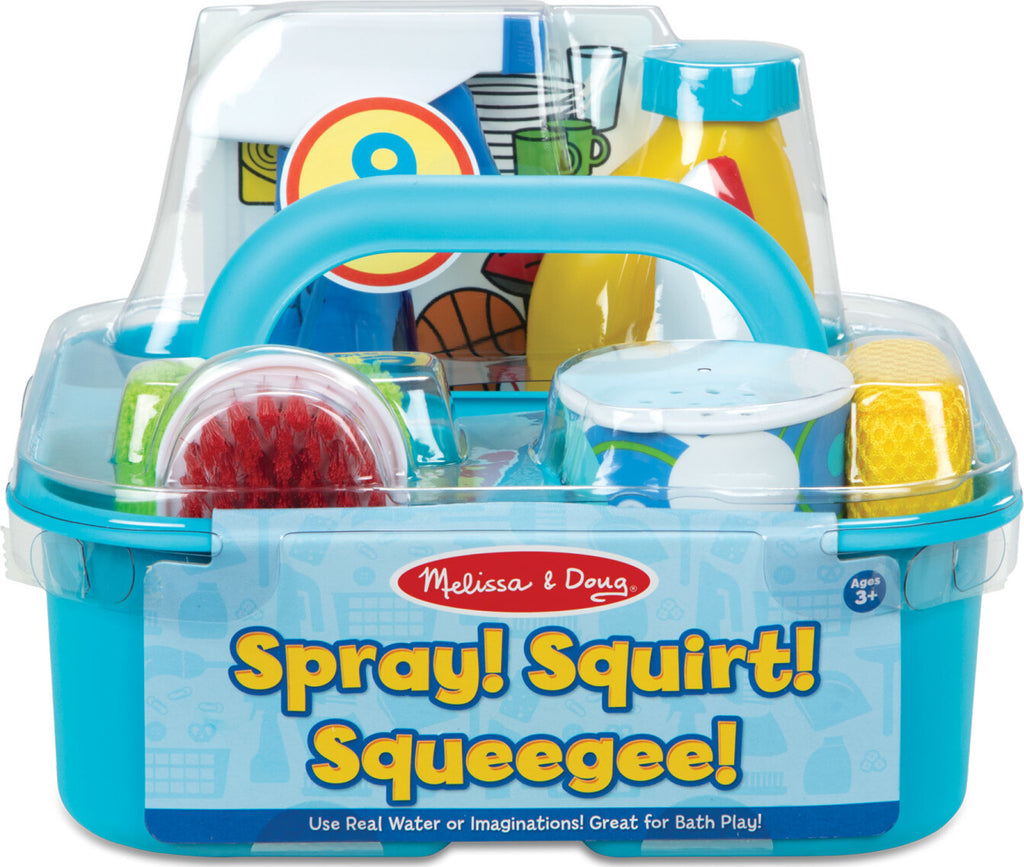 Let's Play House Spray, Squirt & Squeegee Play Set with 9 cleaning tools including spray bottles, squeegee and storage caddy