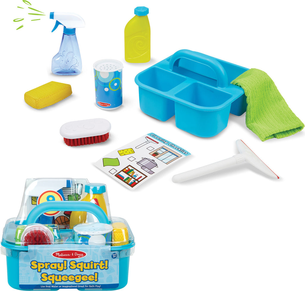 Let's Play House Spray, Squirt & Squeegee Play Set with 9 cleaning tools including spray bottles, squeegee and storage caddy