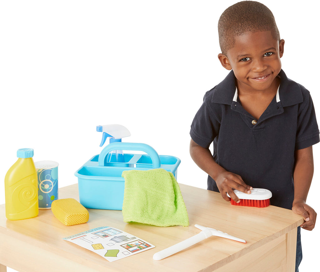 Let's Play House Spray, Squirt & Squeegee Play Set with 9 cleaning tools including spray bottles, squeegee and storage caddy