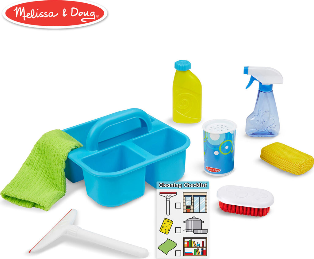 Let's Play House Spray, Squirt & Squeegee Play Set with 9 cleaning tools including spray bottles, squeegee and storage caddy