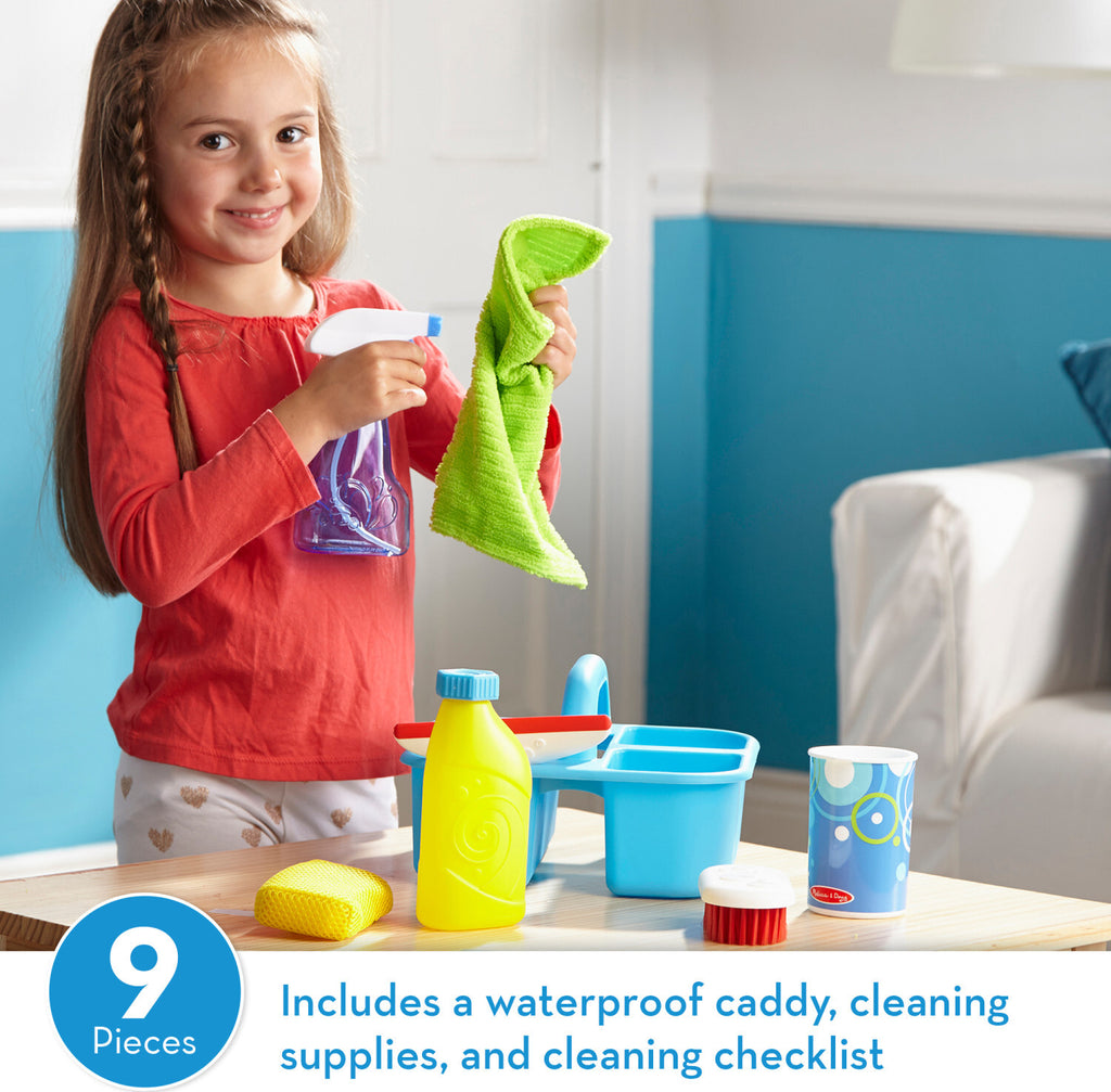 Let's Play House Spray, Squirt & Squeegee Play Set with 9 cleaning tools including spray bottles, squeegee and storage caddy