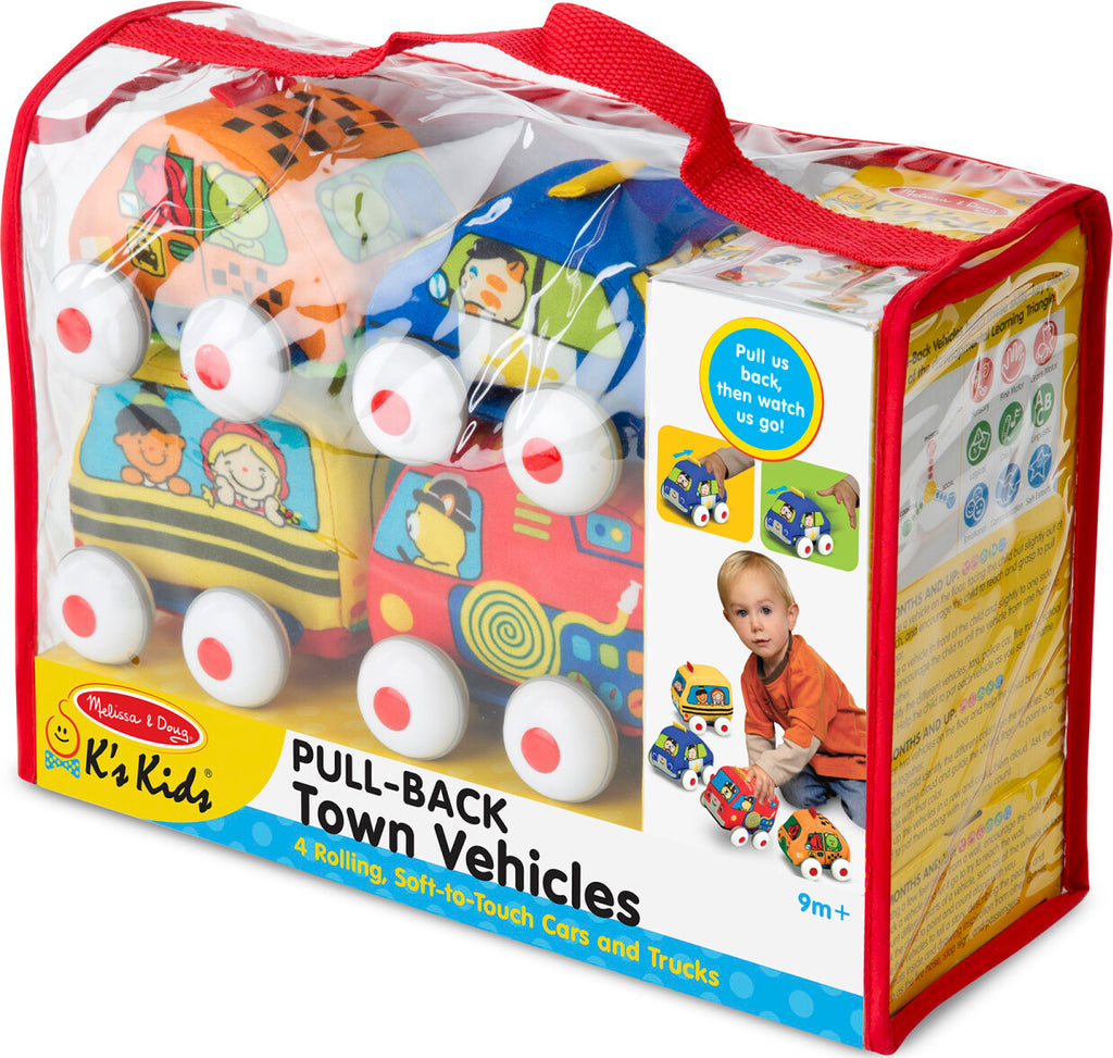 Melissa & Doug pull-back soft vehicles set with car, truck, and emergency vehicles for toddlers