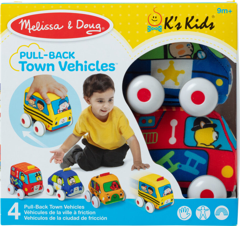 Melissa & Doug pull-back soft vehicles set with car, truck, and emergency vehicles for toddlers
