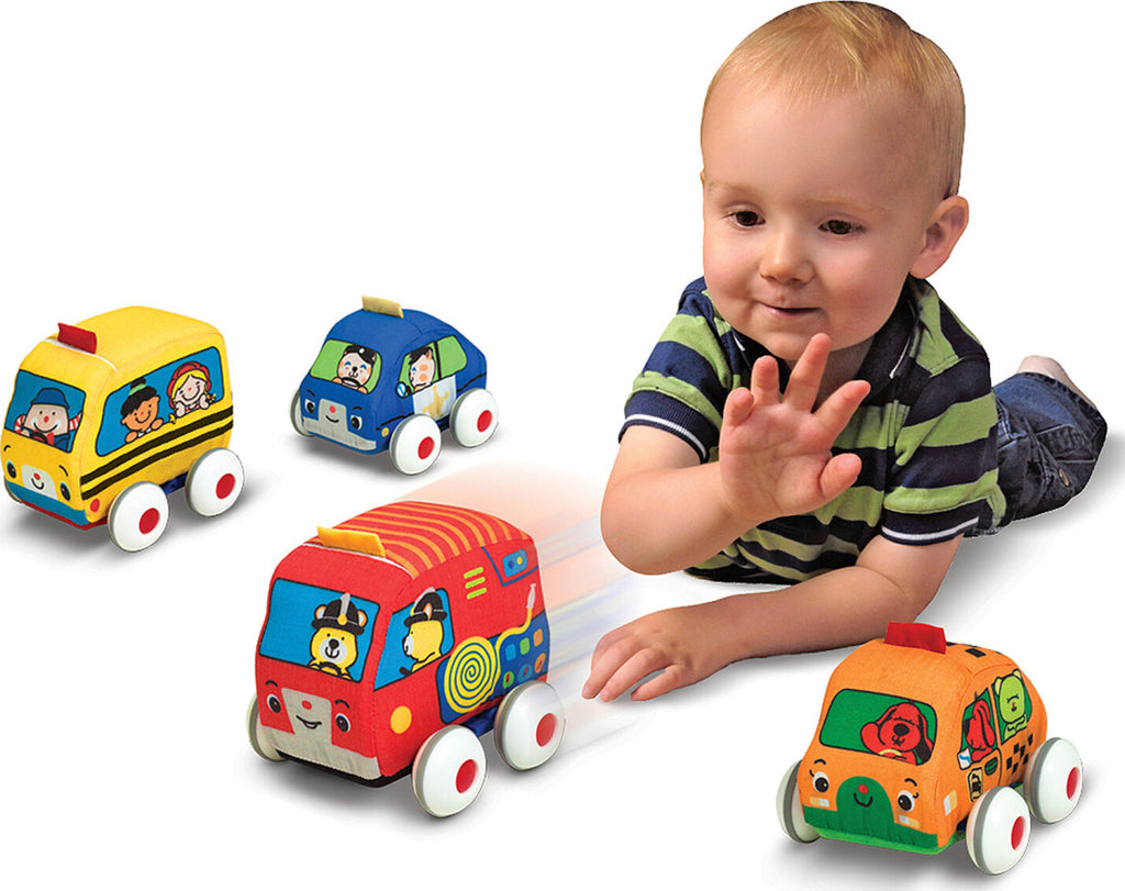 Melissa & Doug pull-back soft vehicles set with car, truck, and emergency vehicles for toddlers
