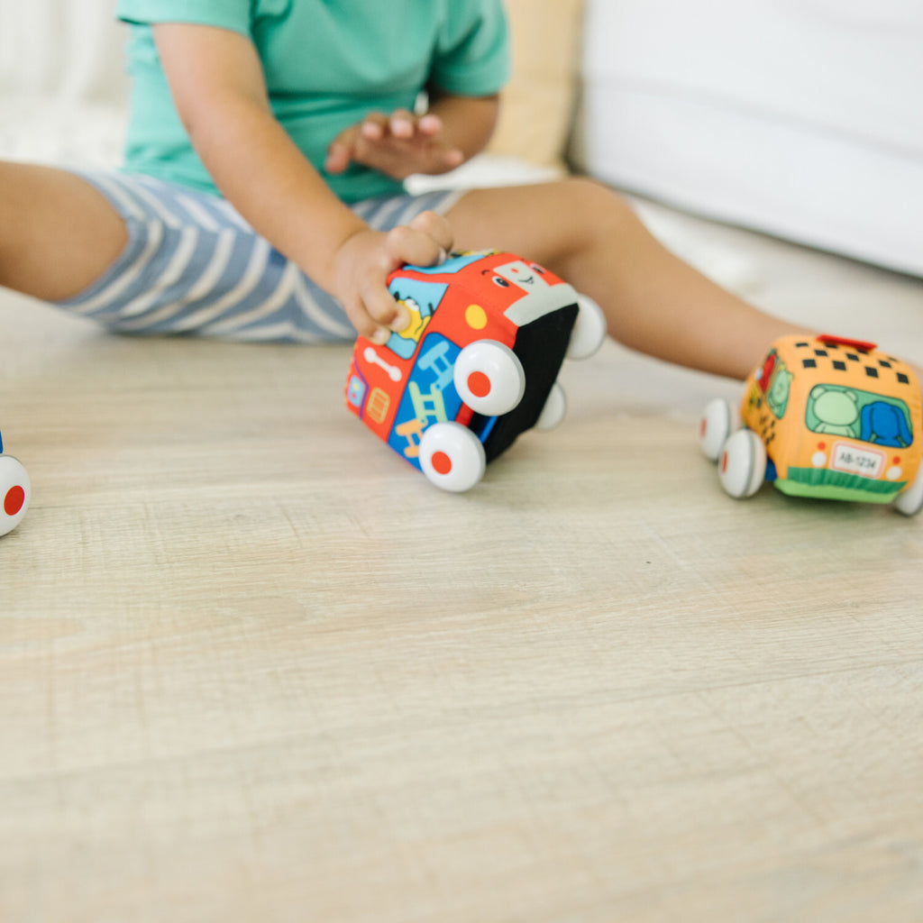 Melissa & Doug pull-back soft vehicles set with car, truck, and emergency vehicles for toddlers