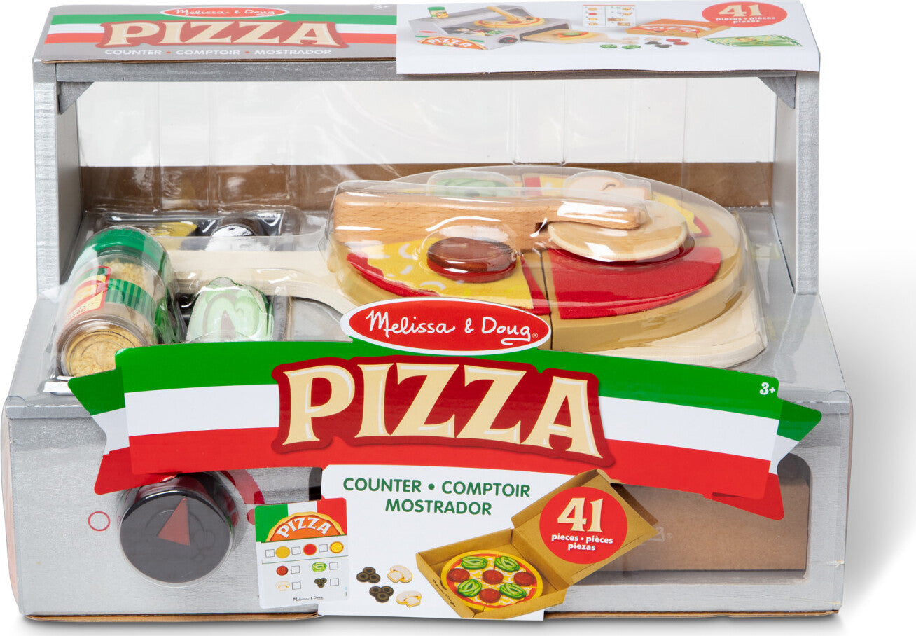 Melissa & Doug Top & Bake Pizza Counter wooden play food set with 34 pieces including pizza oven, toppings, and accessories