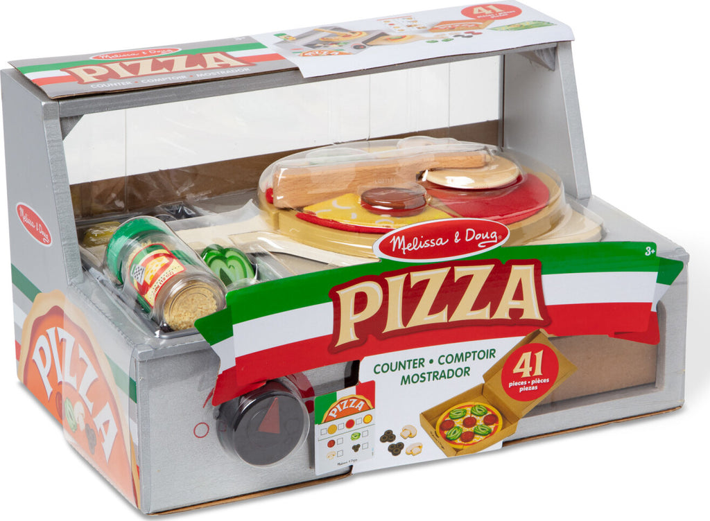 Melissa & Doug Top & Bake Pizza Counter wooden play food set with 34 pieces including pizza oven, toppings, and accessories