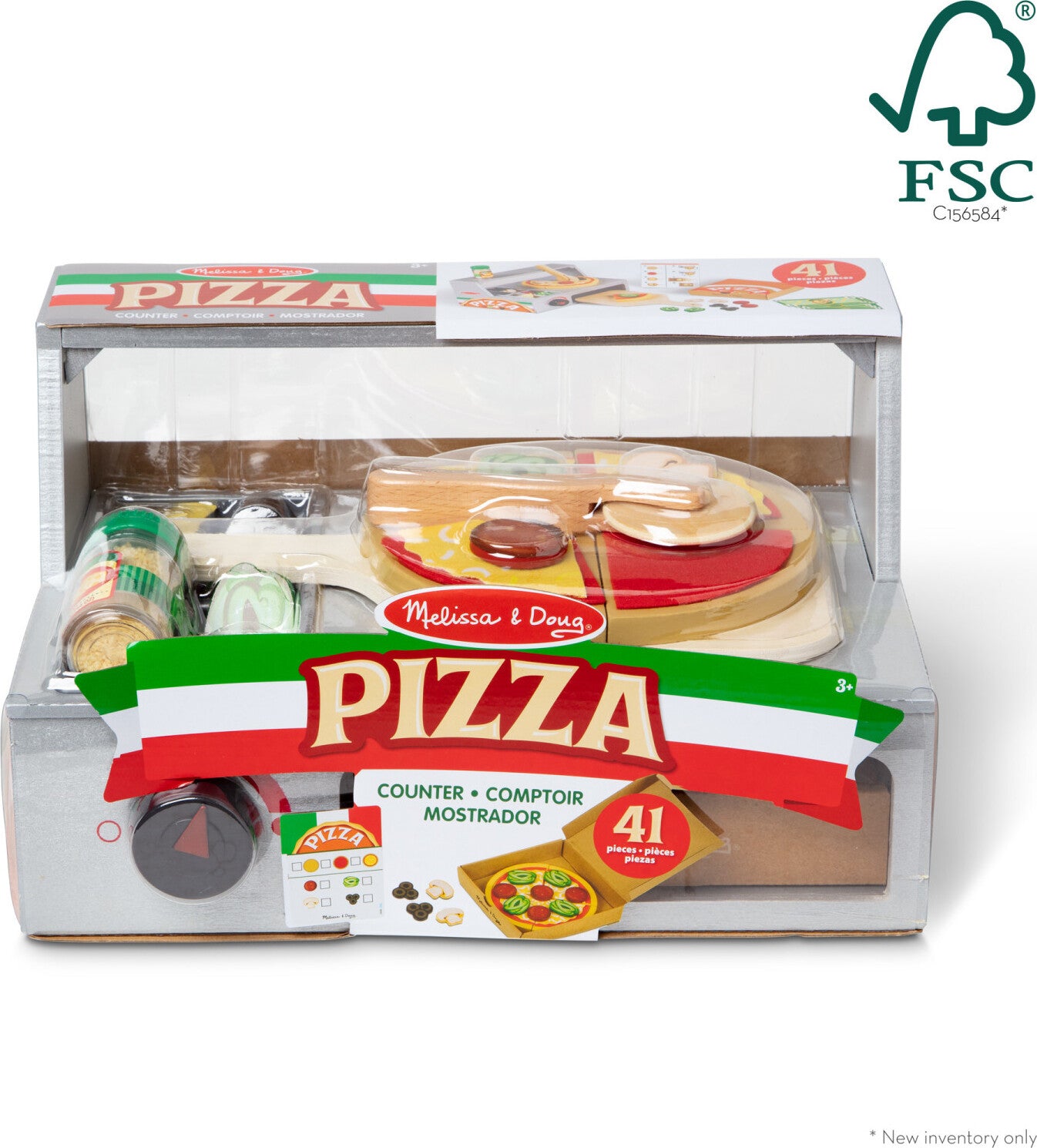 Melissa & Doug Top & Bake Pizza Counter wooden play food set with 34 pieces including pizza oven, toppings, and accessories