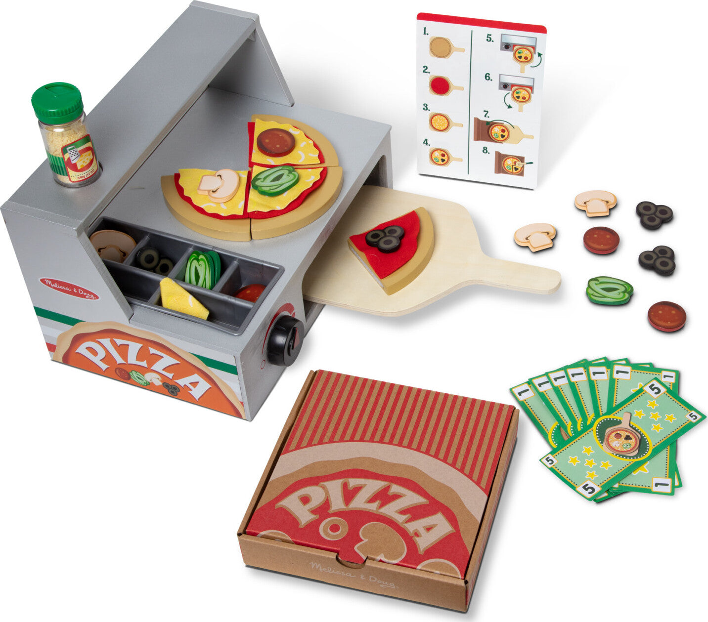 Melissa & Doug Top & Bake Pizza Counter wooden play food set with 34 pieces including pizza oven, toppings, and accessories