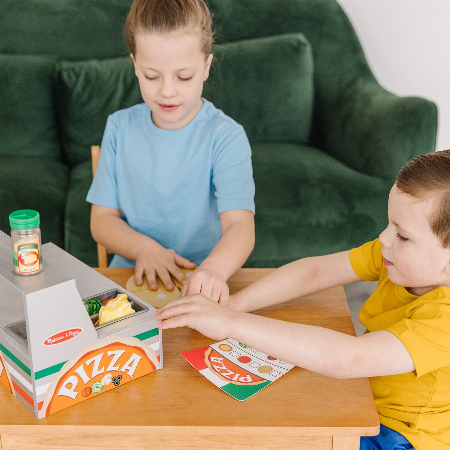 Melissa & Doug Top & Bake Pizza Counter wooden play food set with 34 pieces including pizza oven, toppings, and accessories