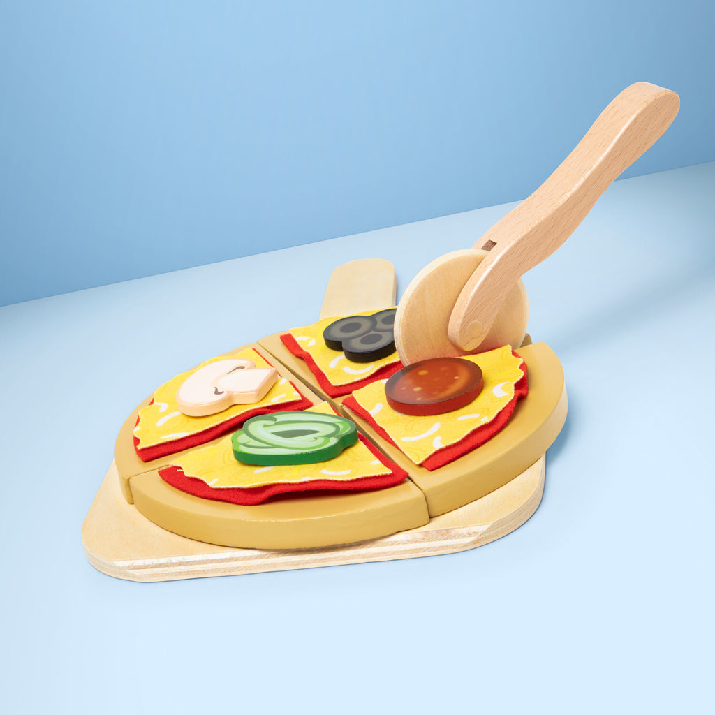 Melissa & Doug Top & Bake Pizza Counter wooden play food set with 34 pieces including pizza oven, toppings, and accessories