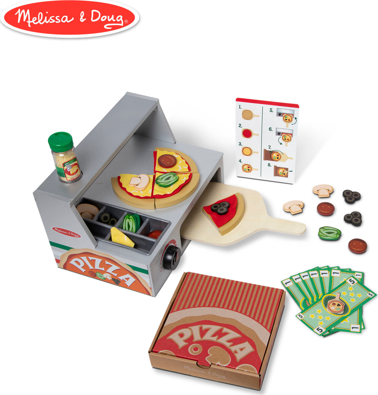 Melissa & Doug Top & Bake Pizza Counter wooden play food set with 34 pieces including pizza oven, toppings, and accessories