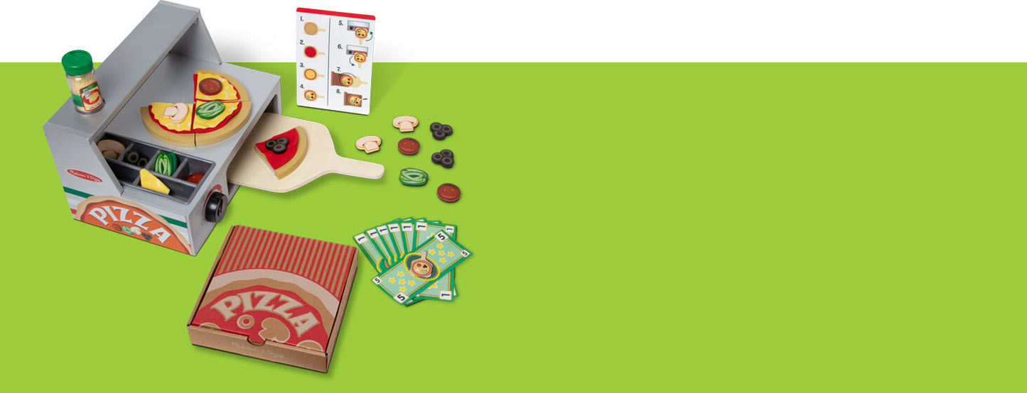 Melissa & Doug Top & Bake Pizza Counter wooden play food set with 34 pieces including pizza oven, toppings, and accessories