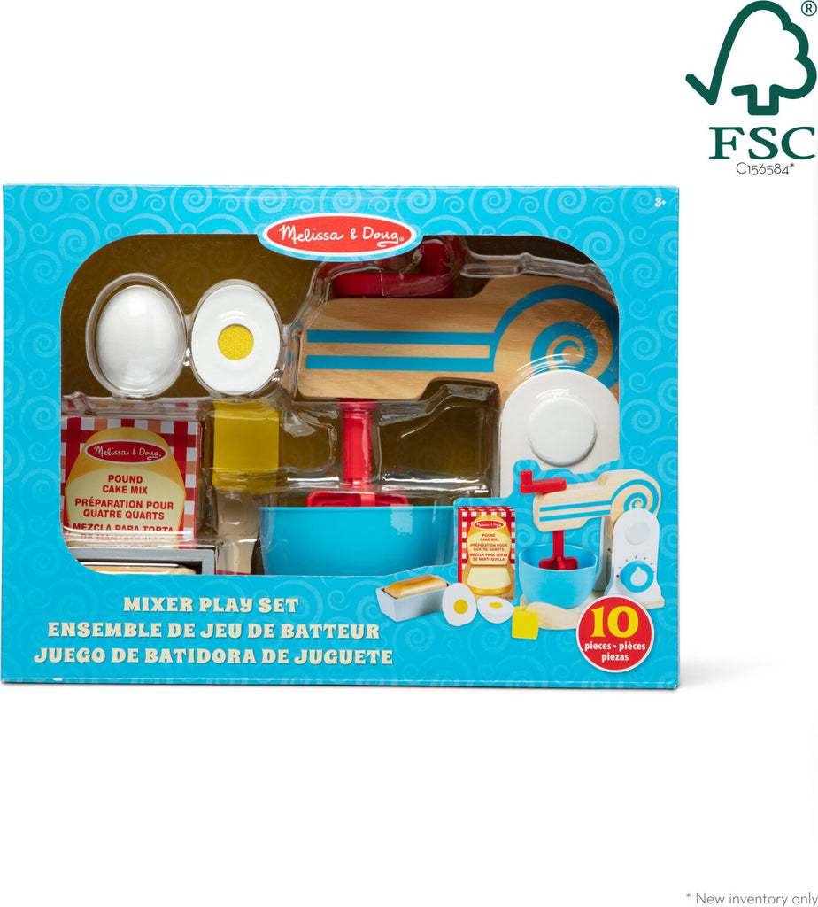 Wooden Make-a-Cake Mixer Set with realistic mixer, ingredients, recipe card and cake pan for pretend baking play