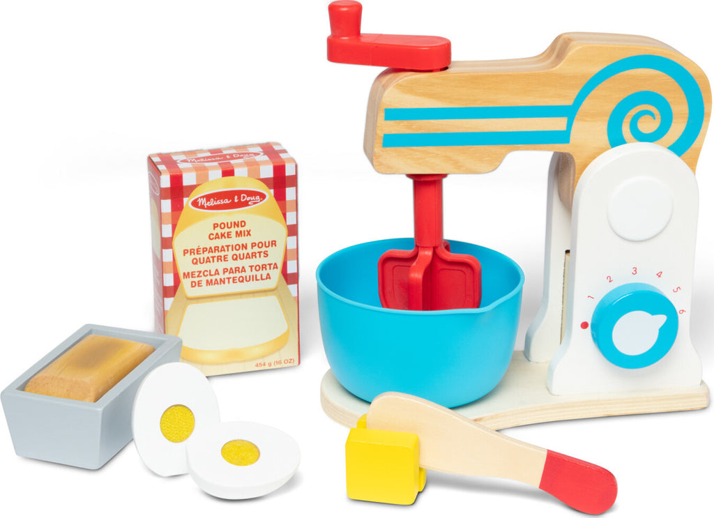Wooden Make-a-Cake Mixer Set with realistic mixer, ingredients, recipe card and cake pan for pretend baking play