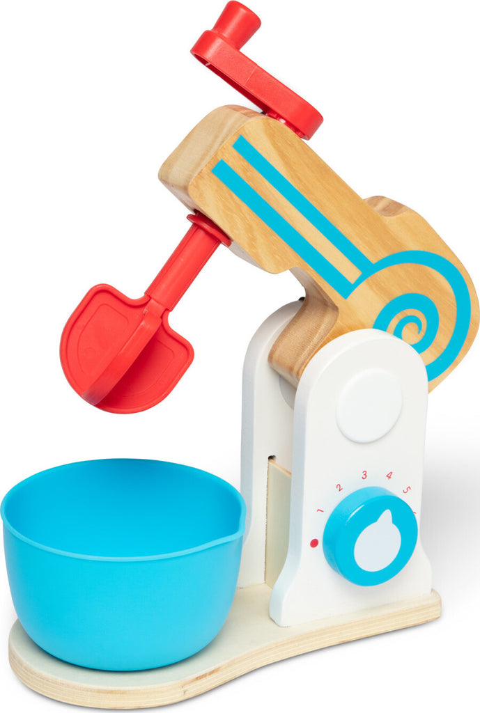 Wooden Make-a-Cake Mixer Set with realistic mixer, ingredients, recipe card and cake pan for pretend baking play
