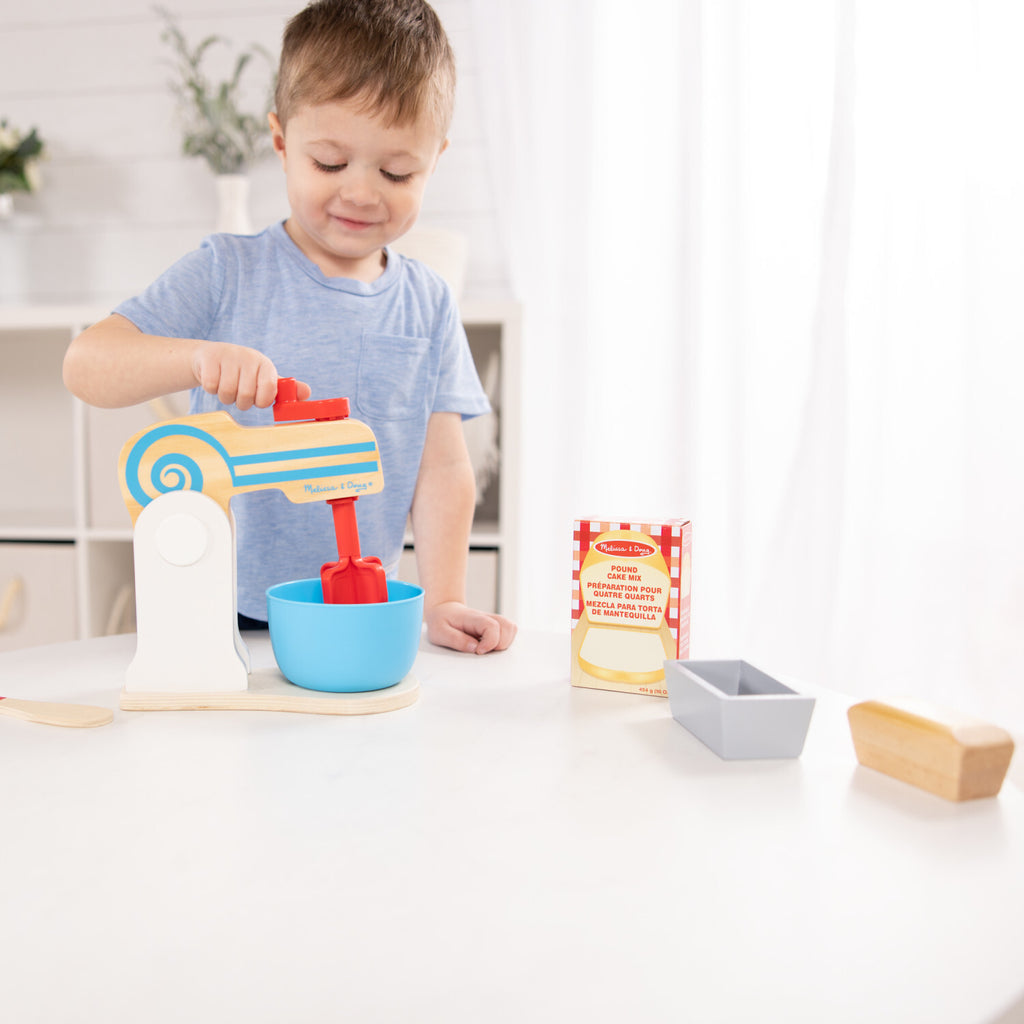 Wooden Make-a-Cake Mixer Set with realistic mixer, ingredients, recipe card and cake pan for pretend baking play