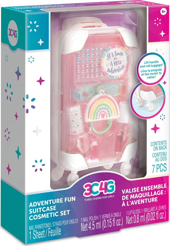 Adventure Fun Suitcase Cosmetic Set with rolling suitcase containing lip gloss, nail polish, nail file and gems