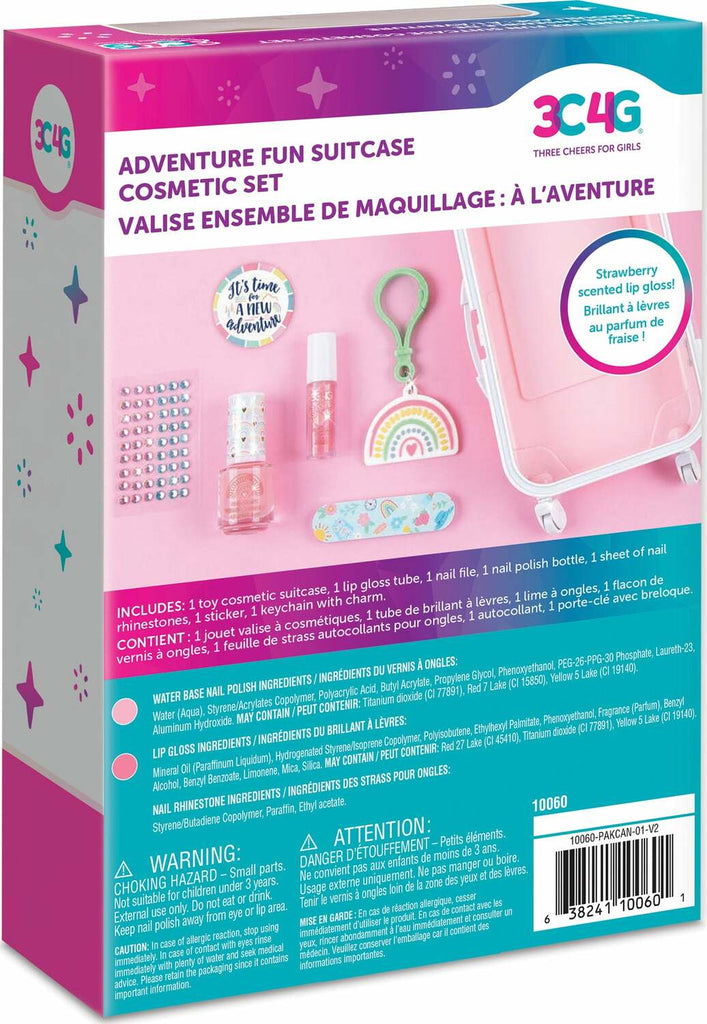 Adventure Fun Suitcase Cosmetic Set with rolling suitcase containing lip gloss, nail polish, nail file and gems