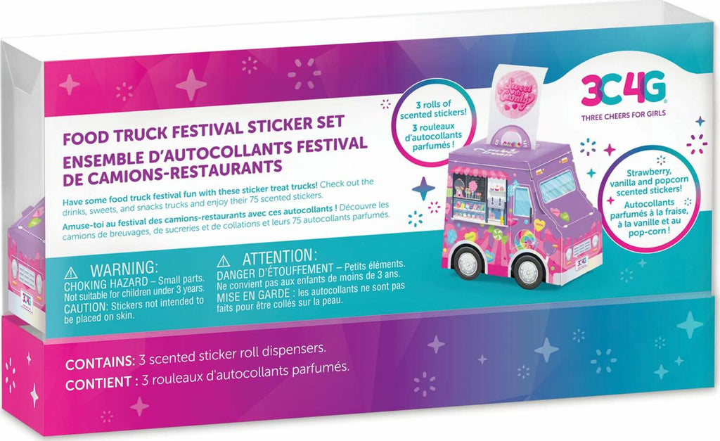 Food Truck Festival Sticker Set with three themed dispensers for snacks, drinks, and sweets scented stickers