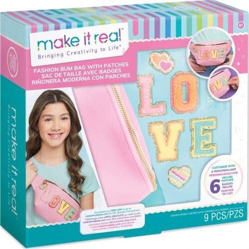 Fashion Bum Bag with Patches craft kit featuring sparkly terry fabric and LOVE embroidered patches for trendy customization