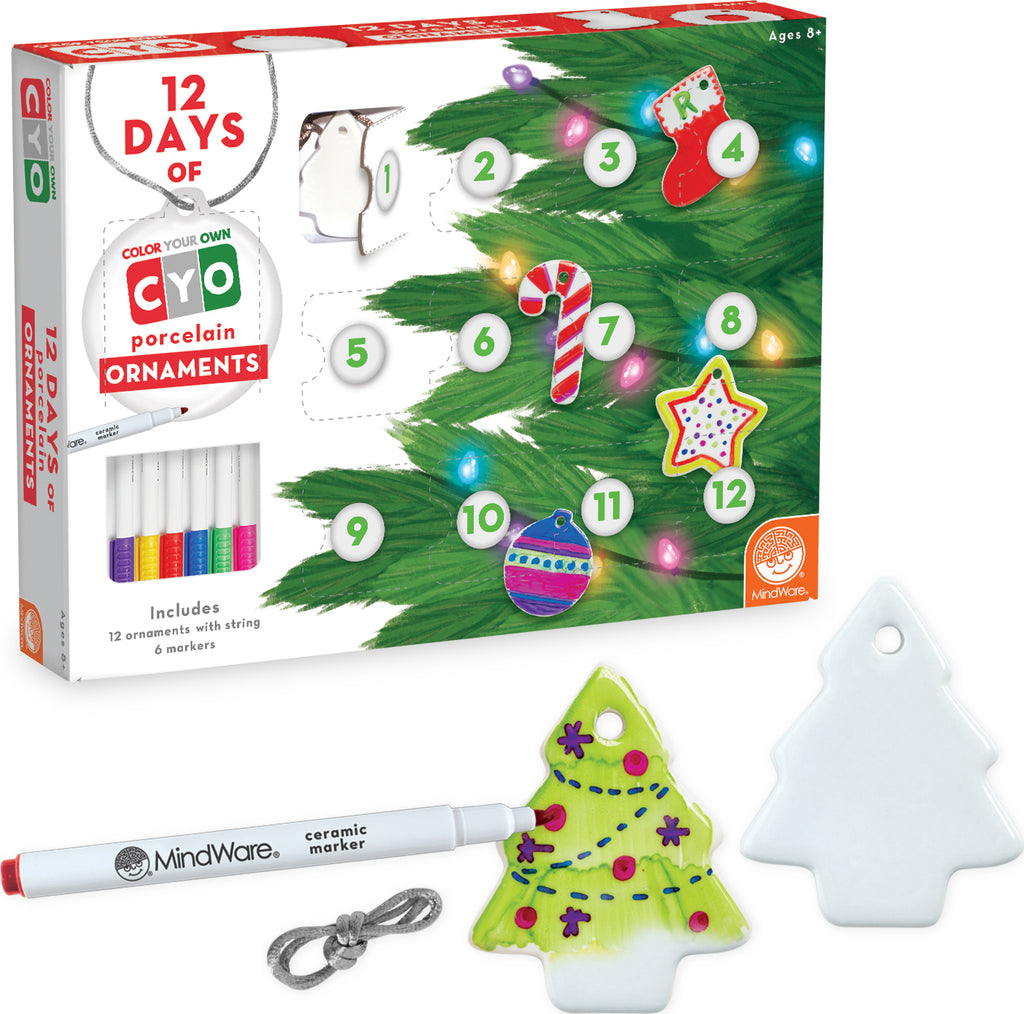 12 Days of Color Your Own Ornaments advent calendar with 12 porcelain ornaments, markers and 3D countdown calendar