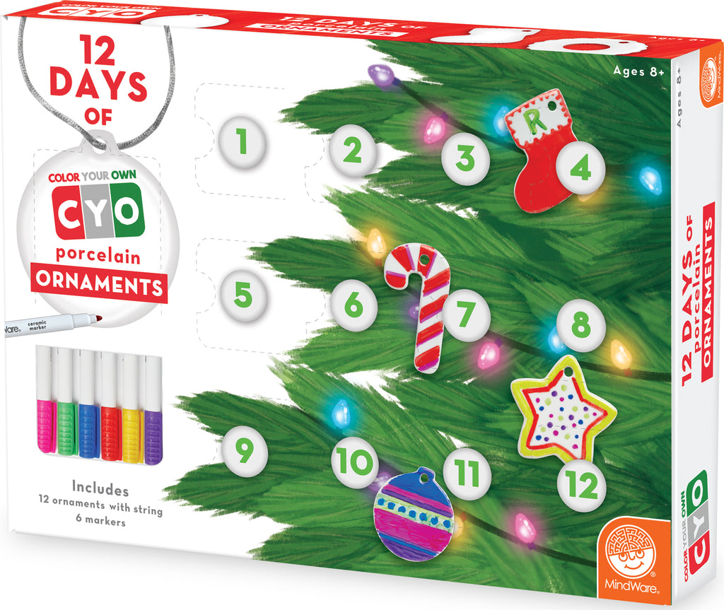 12 Days of Color Your Own Ornaments advent calendar with 12 porcelain ornaments, markers and 3D countdown calendar