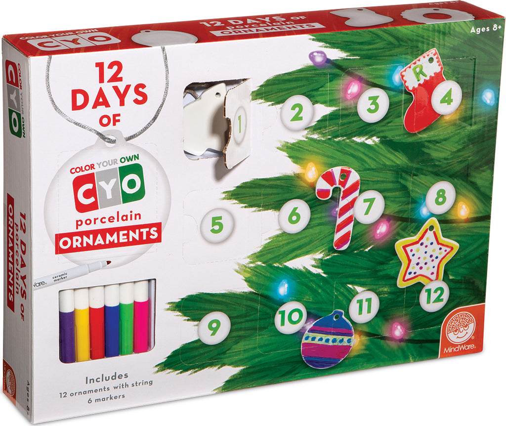 12 Days of Color Your Own Ornaments advent calendar with 12 porcelain ornaments, markers and 3D countdown calendar