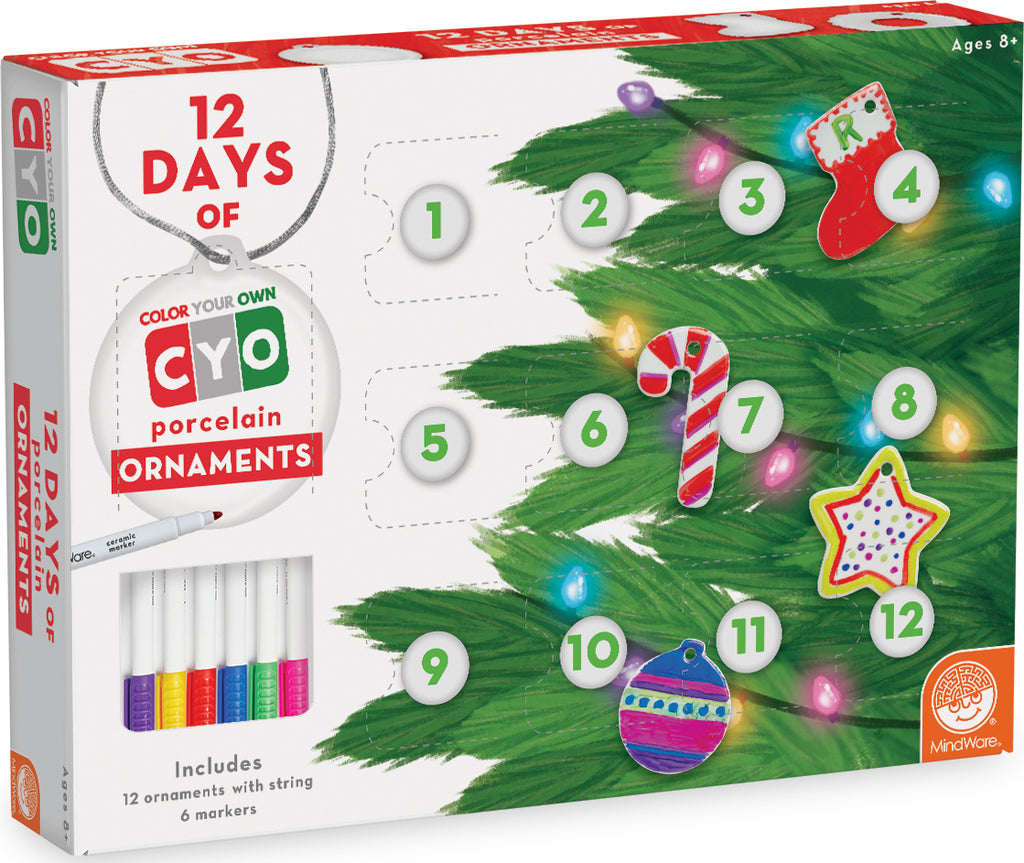 12 Days of Color Your Own Ornaments advent calendar with 12 porcelain ornaments, markers and 3D countdown calendar