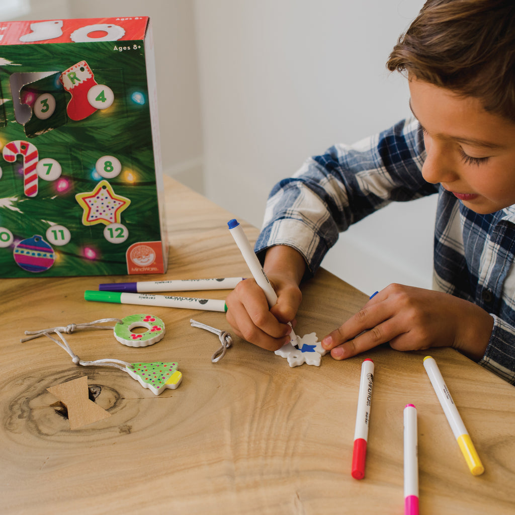 12 Days of Color Your Own Ornaments advent calendar with 12 porcelain ornaments, markers and 3D countdown calendar