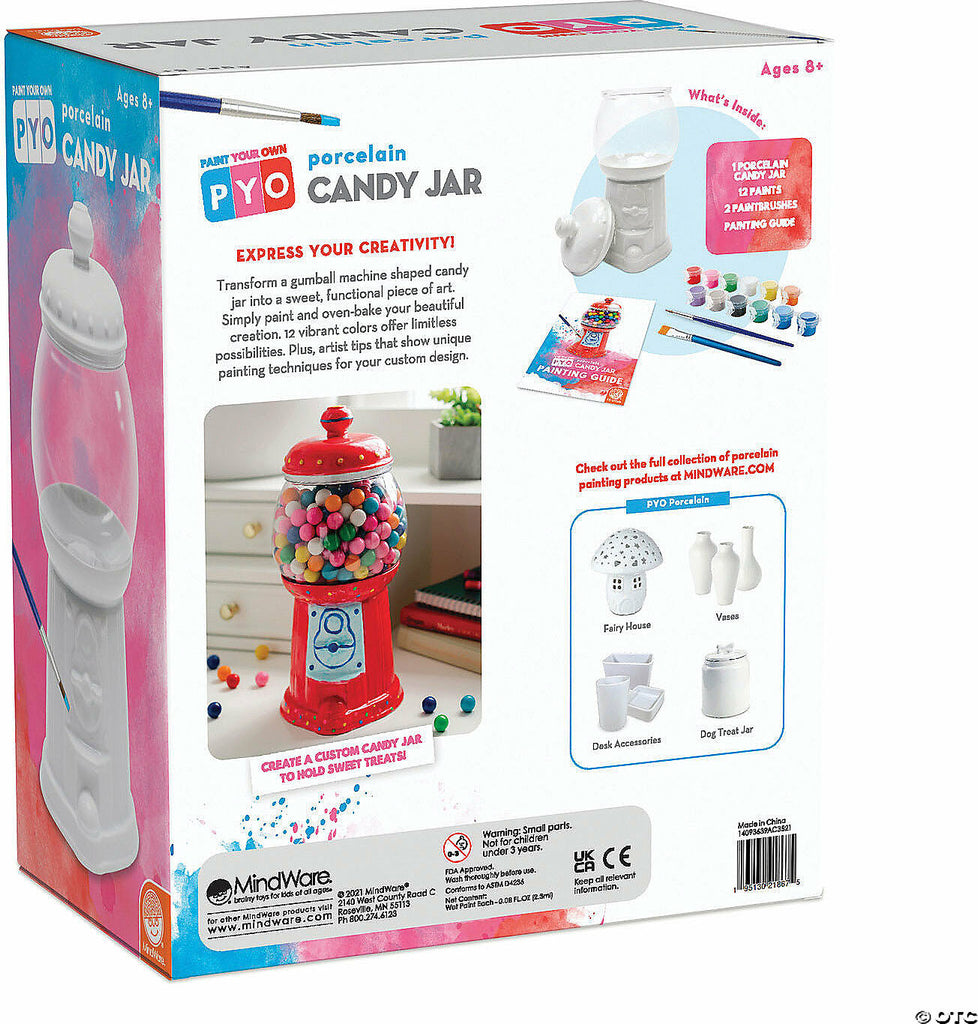 Paint Your Own Candy Jar craft kit with porcelain gumball-shaped jar, 12 paint colors, and brushes for kids ages 8+