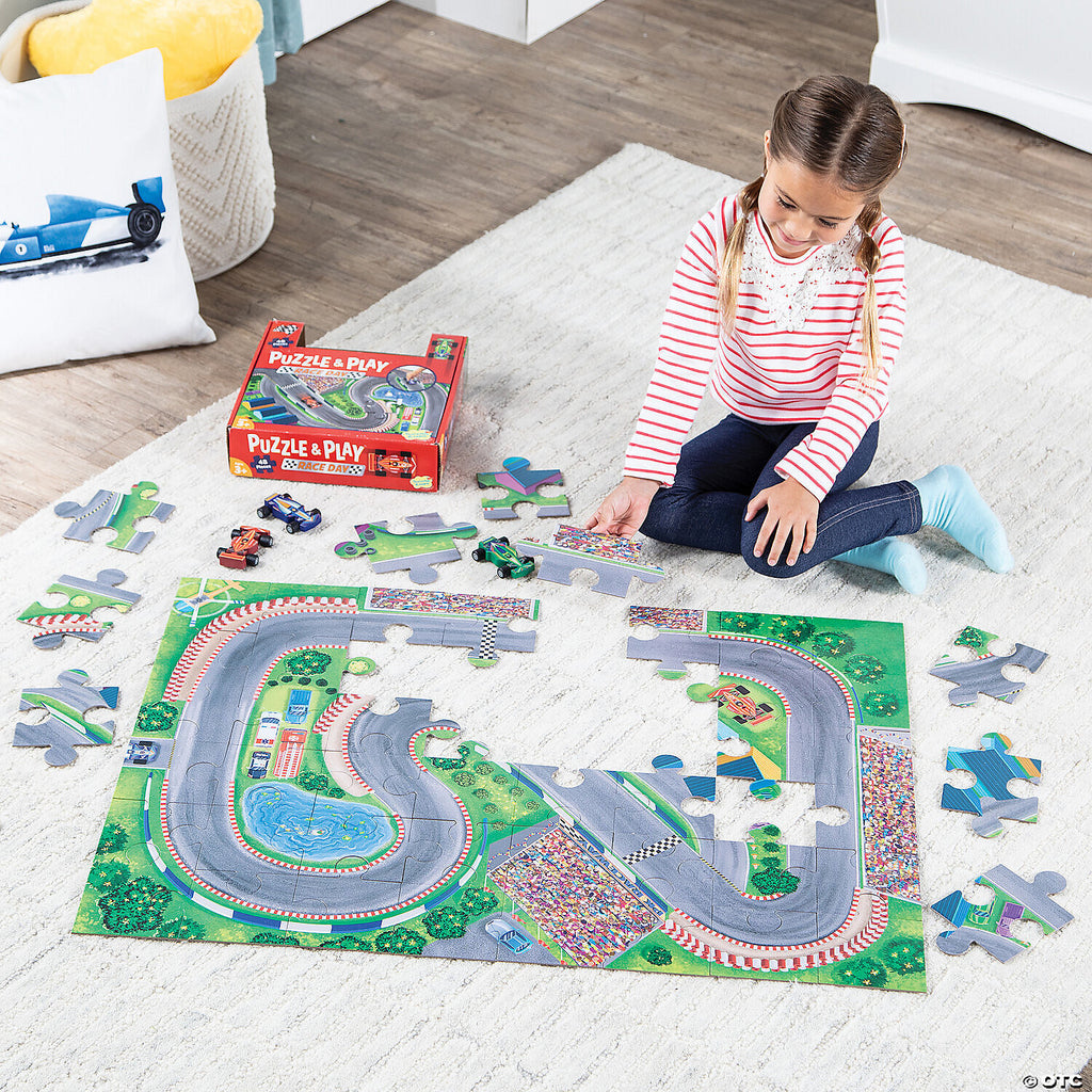 Puzzle and Play Race Day Floor Puzzle with race car theme for interactive learning