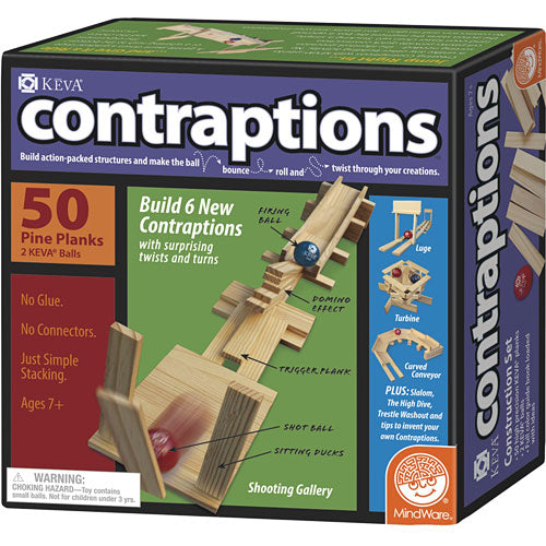 KEVA Contraptions 50 piece wooden plank set with balls and instruction book for building ball track structures