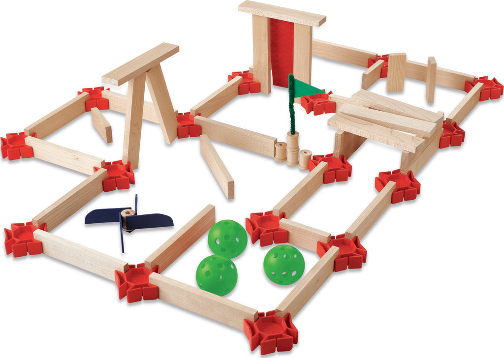 KEVA Contraptions 50 piece wooden plank set with balls and instruction book for building ball track structures