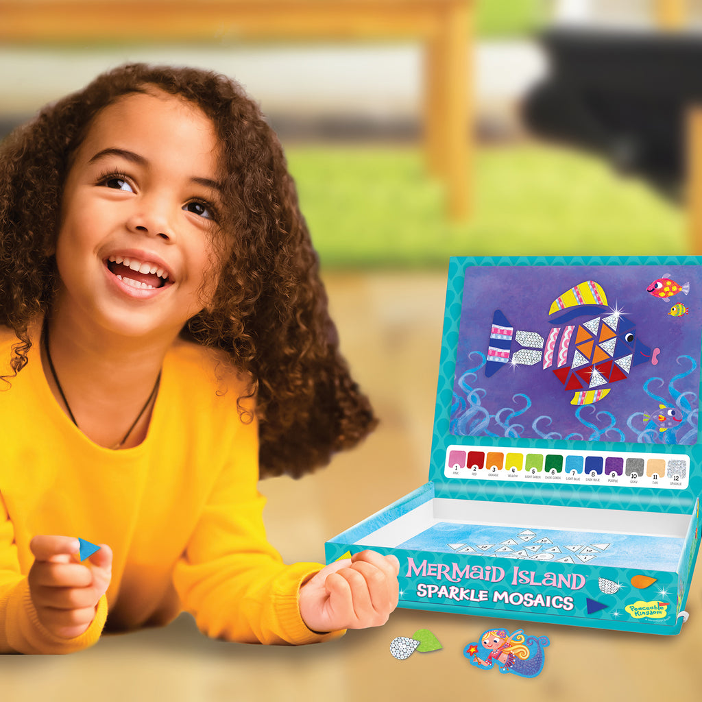 Mermaid Island sparkle mosaic craft kit with foam stickers and underwater scene templates